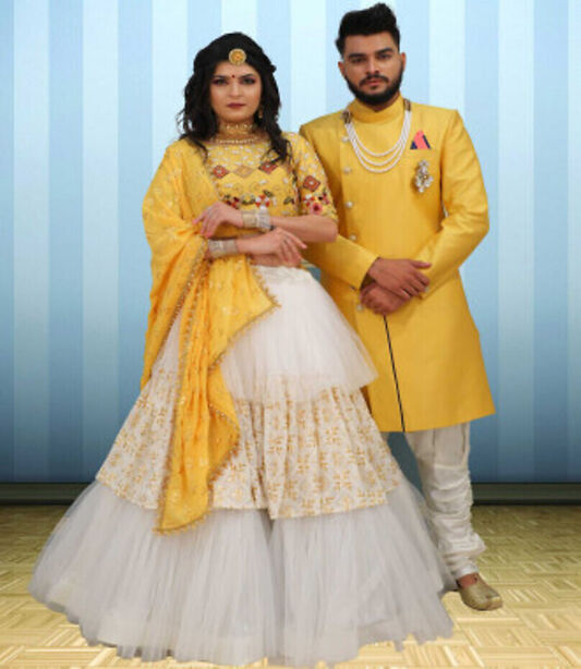 Couple Wear Yellow Pearl Beaded Indo Western and Lehenga Choli Set- couples matching outfits for weddings