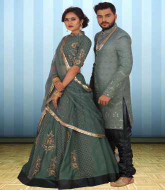 Couple Wear Sage Green Pearl Beaded Indo western and Lehenga choli set - engagement couple matching dress Indian
