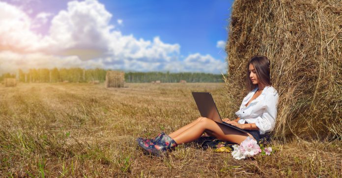 Woman freelancer Sitting In Harvested Field and working in laptop